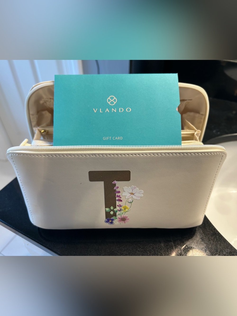 Cream Cosmetic Bag with Floral Initial T